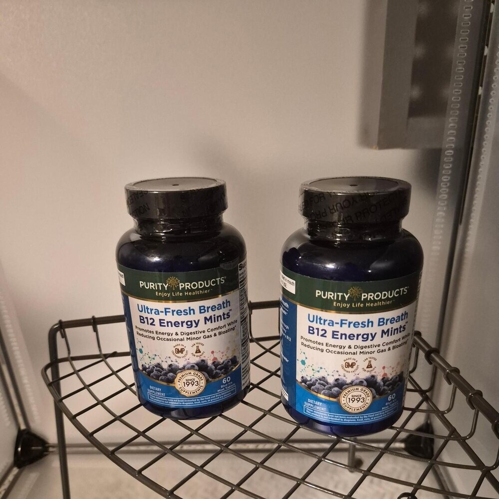 2 bottles Purity Products Ultra-Fresh Breath B12 Energy Mints - Blue